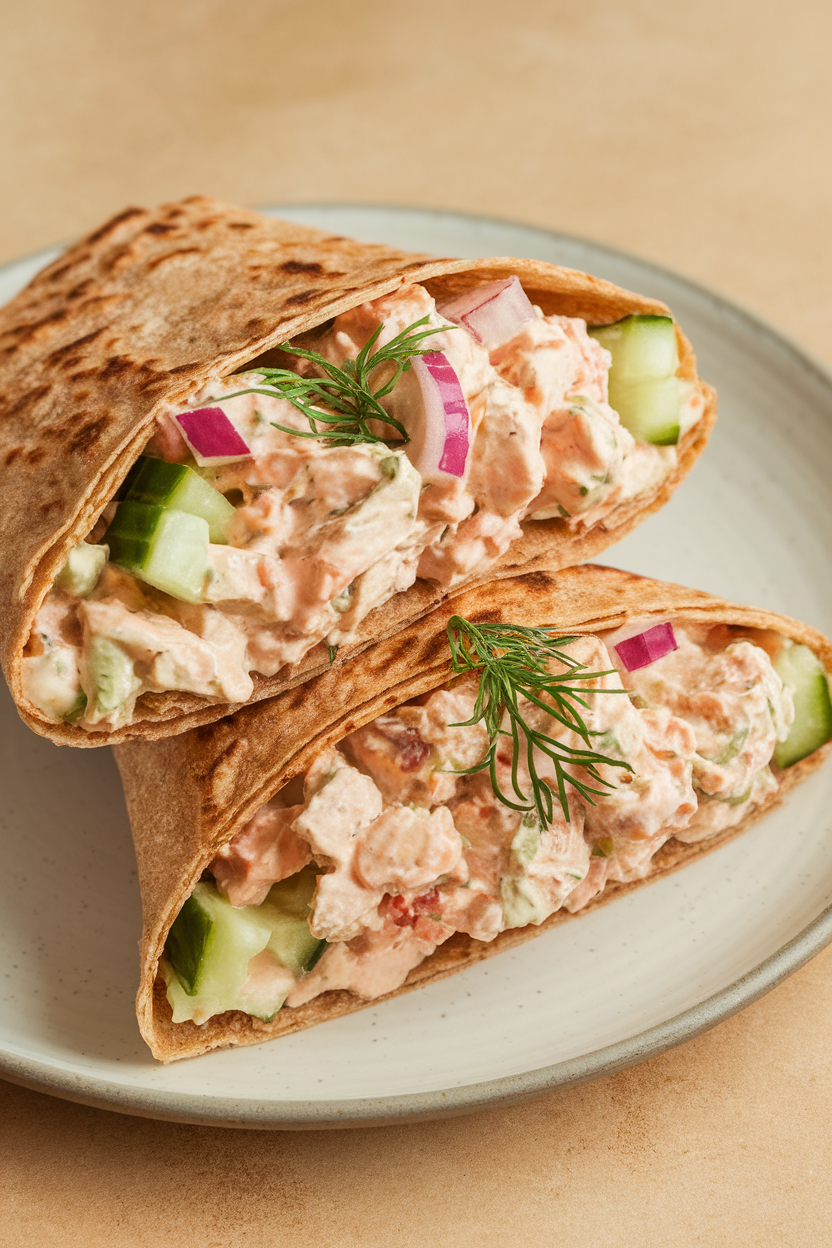 An indoor café-style table showing a whole-grain tortilla filled with creamy chicken salad, diced cucumber, red onion, and dill. The wrap is sliced in half to reveal the filling. No text or logos. Photo only.