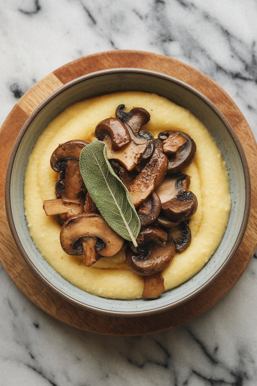 Indoor shallow bowl with creamy polenta topped with sautéed mushrooms and crispy sage leaves, overhead view. No text or logos.