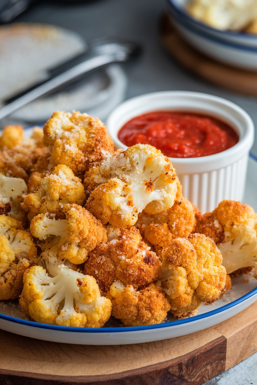 Photo of an indoor plate piled with golden, breadcrumb-coated cauliflower florets sprinkled with grated Parmesan, a small ramekin of marinara beside it; no text or logos.