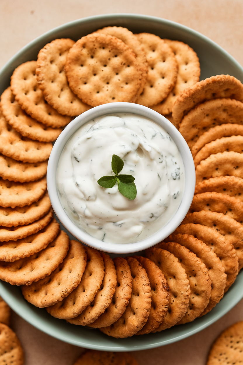 An indoor snack plate holding a small bowl of creamy ranch yogurt dip surrounded by whole-grain crackers. No text or logos.