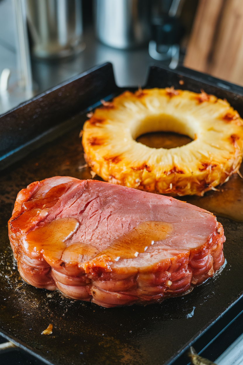 Indoor griddle shot of ham steaks sizzling, brushed with amber honey glaze, pineapple ring resting alongside. No text or logos.