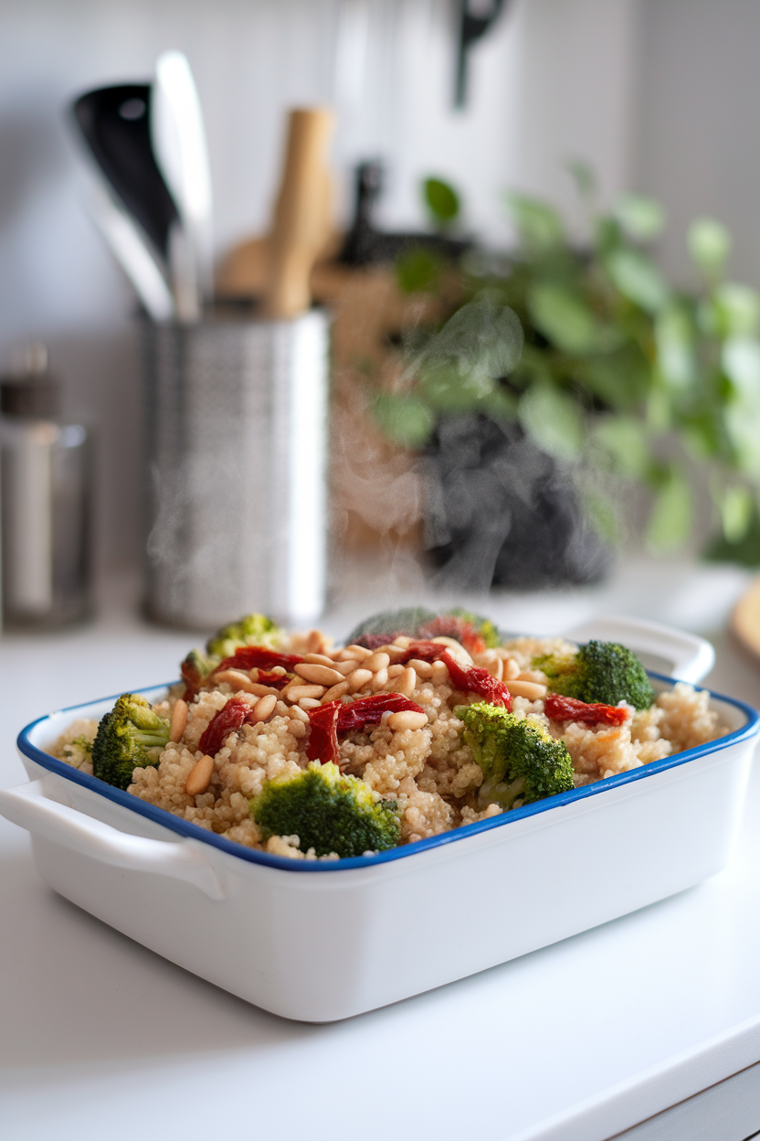 Photo of a clean, modern kitchen table with a white baking dish of fluffy quinoa, broccoli florets, sun-dried tomatoes, and toasted pine nuts, steam gently rising. No logos or text.