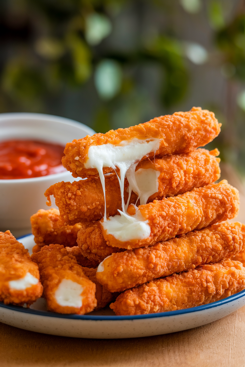 Photo of an indoor plate stacked with crunchy mozzarella sticks, gooey cheese stretching from a broken piece, marinara dip nearby; no text or logos.