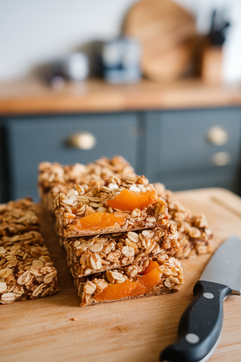 Photo of homemade granola bars with visible apricot pieces, sliced on a cutting board indoors. No text or logos. Photo, not illustration.