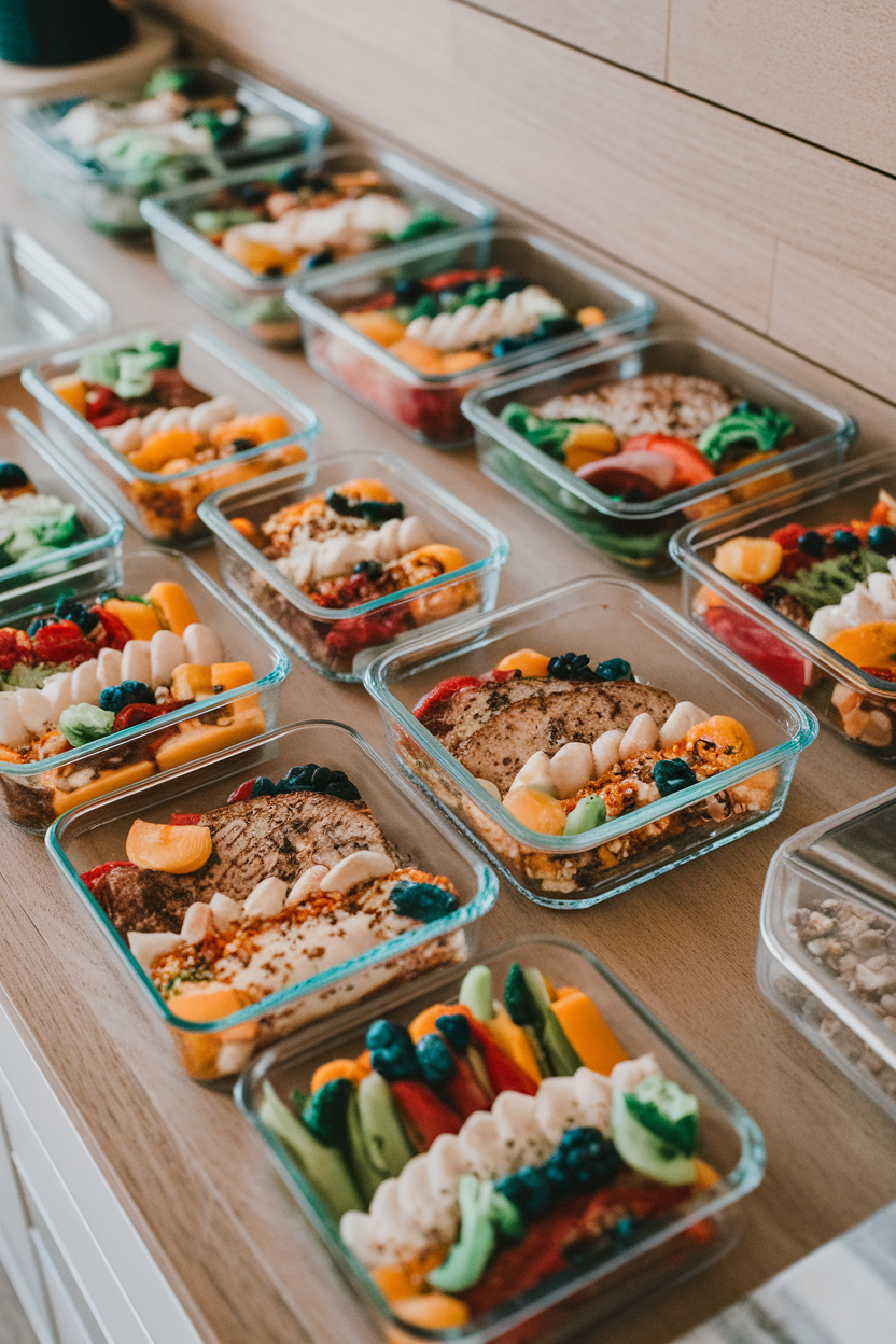 Photo of an indoor countertop lined with glass meal-prep containers filled with balanced dishes, lids off, no text or logos.