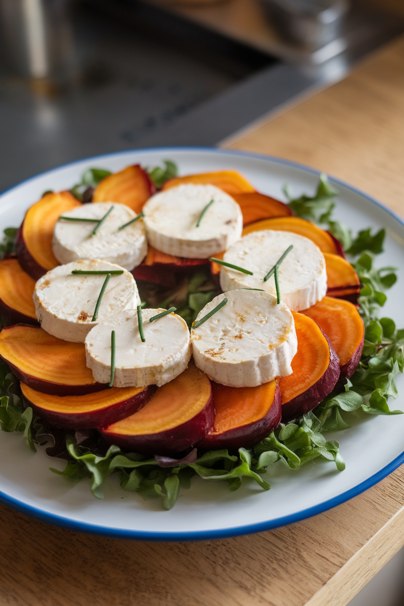 Photo of an indoor plate showing sliced roasted golden beets layered with creamy goat cheese rounds over baby greens, sprinkled with chives. No logos or text.