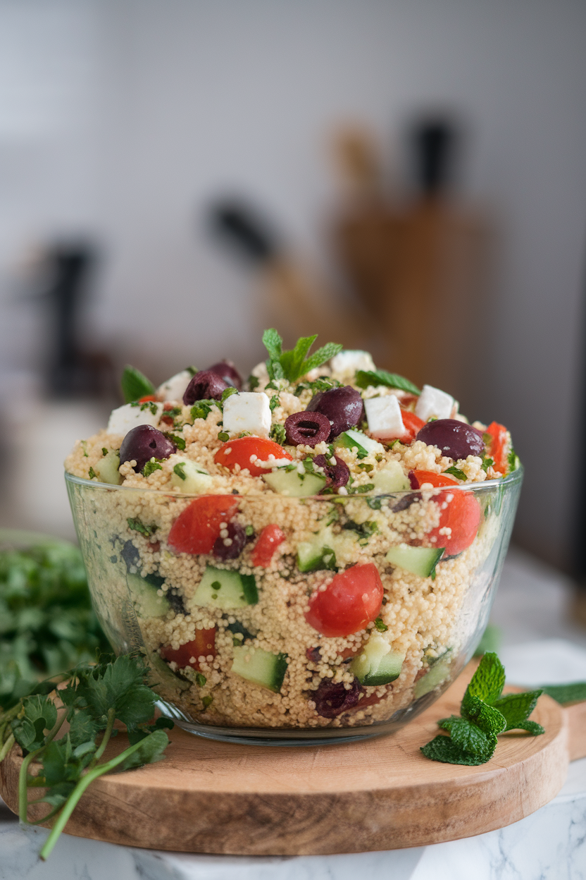 Indoor photo of a colorful couscous salad studded with diced cucumber, cherry tomatoes, kalamata olives, and feta in a glass bowl. No text or logos.