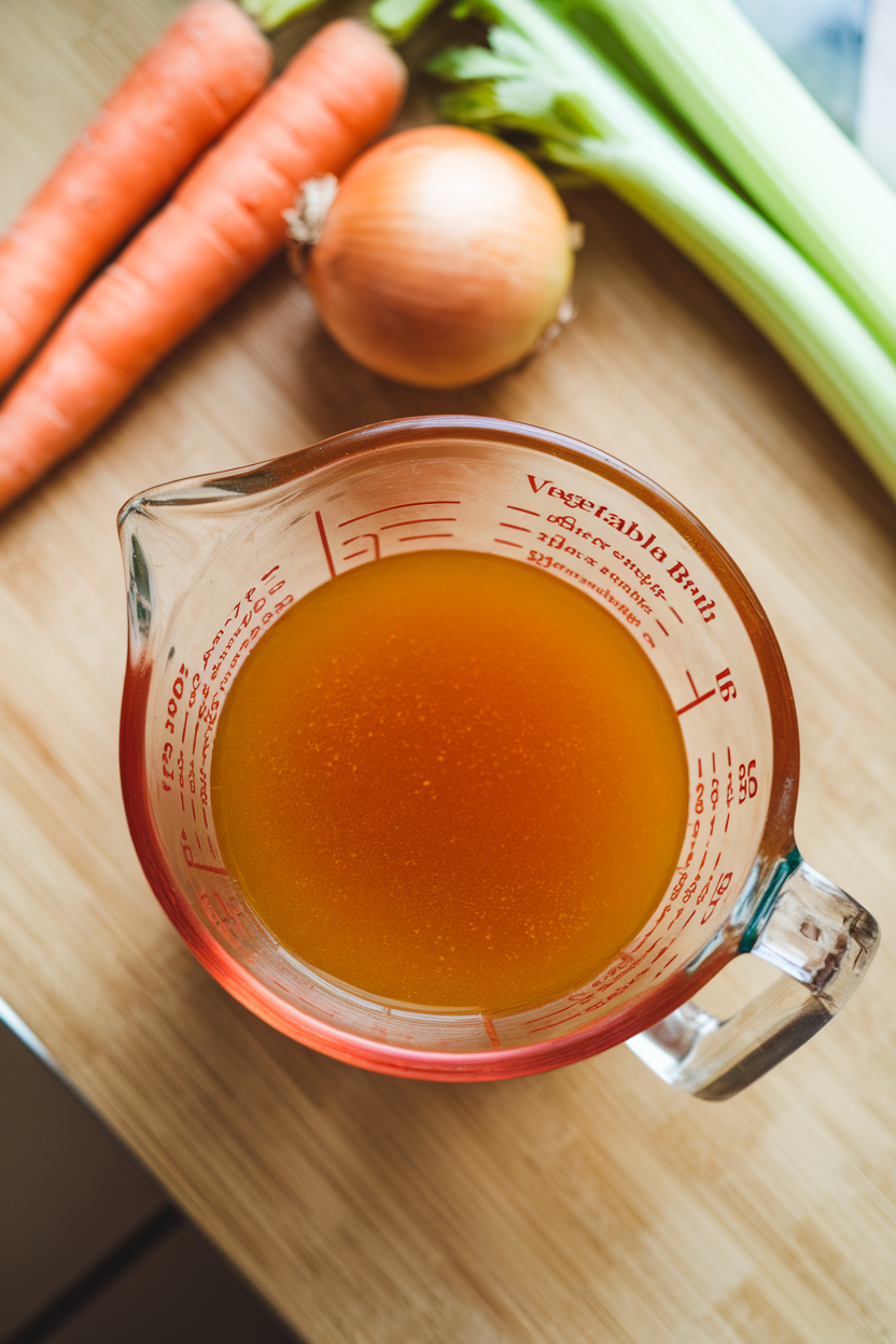 Indoor photo of a clear glass measuring cup filled with golden vegetable broth on a countertop; overhead soft light, no text or logos