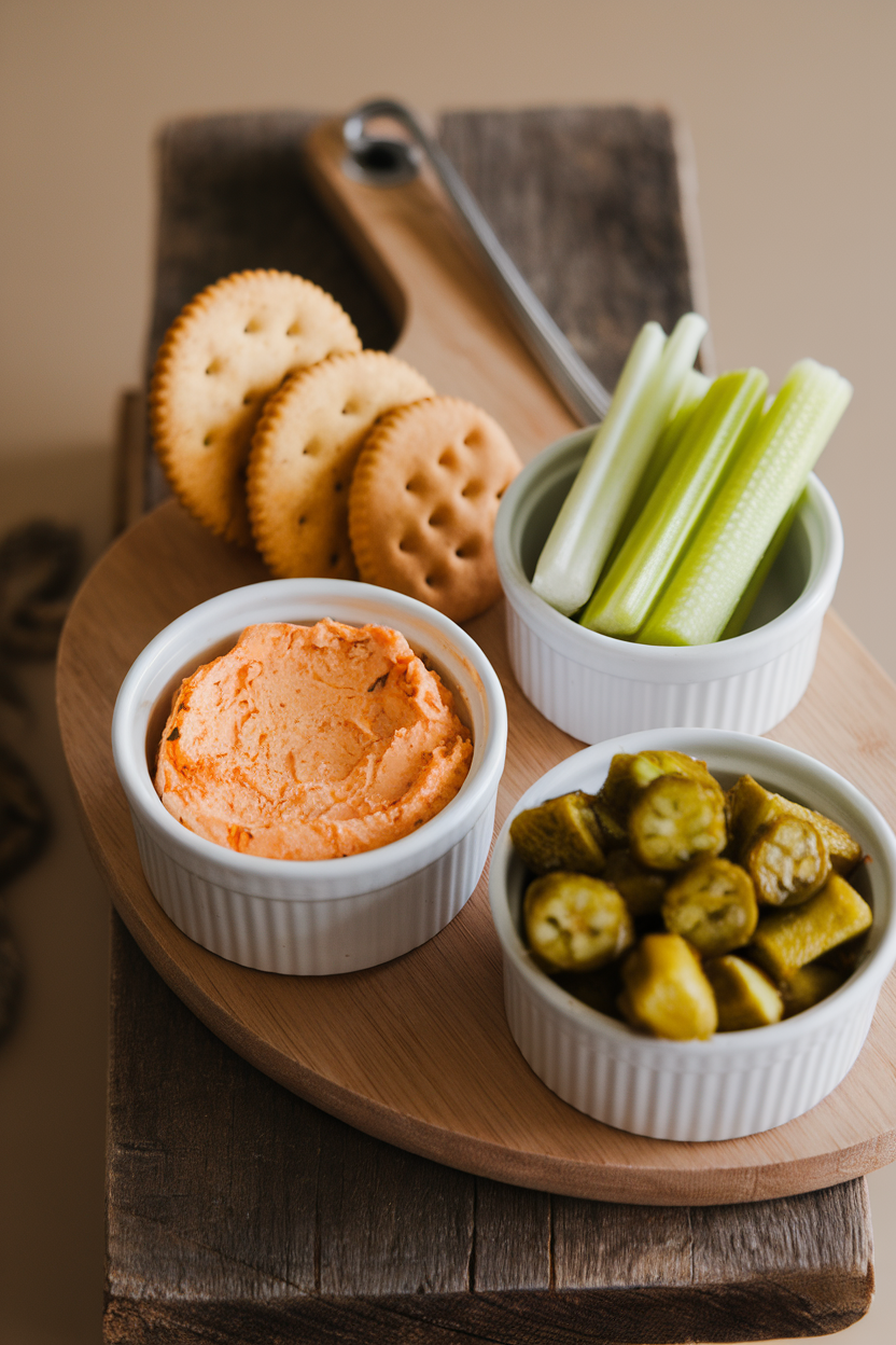 Indoor photo of a board featuring ramekins of pimento cheese, butter crackers, celery sticks, and pickled okra; no text or logos