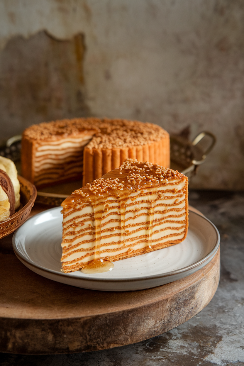 An indoor patisserie tray with a slice of laminated buttery cake, sesame seeds caramelized on top and honey glaze glistening. No text or logos. Photo, not illustration.
