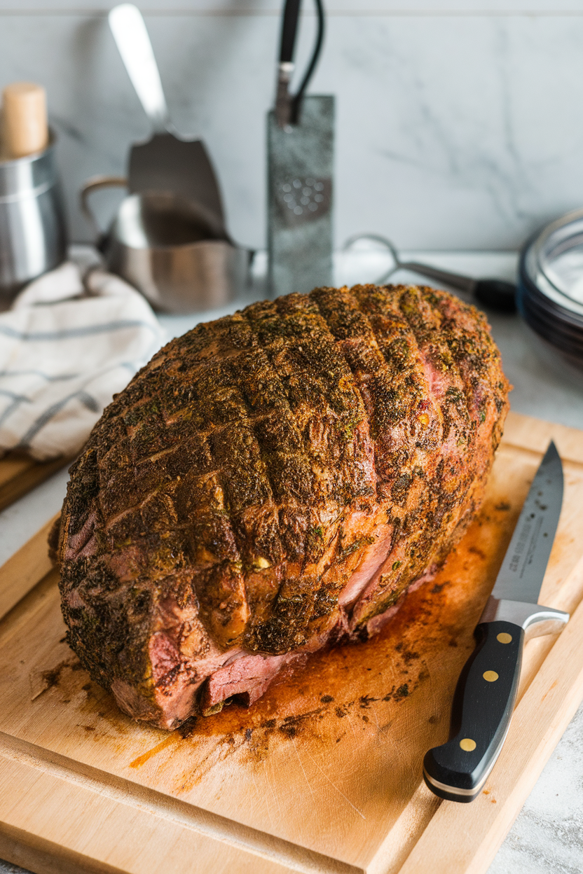 An indoor carving station with a browned prime rib roast, herb crust visible, a carving knife nearby, photo, no text or logos.
