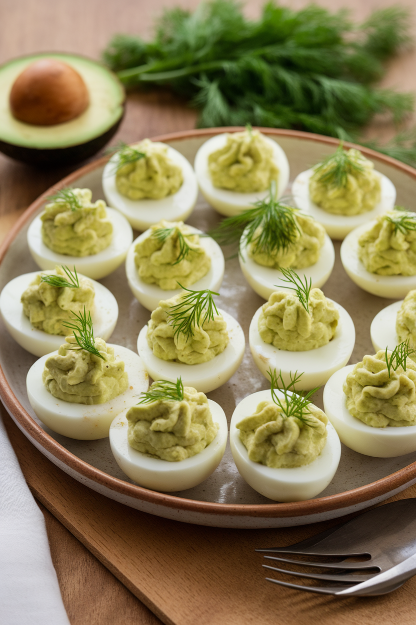 Indoor photo of deviled eggs tinted pale green from avocado, garnished with fresh dill sprigs, arranged neatly on a ceramic platter. No logos or text.