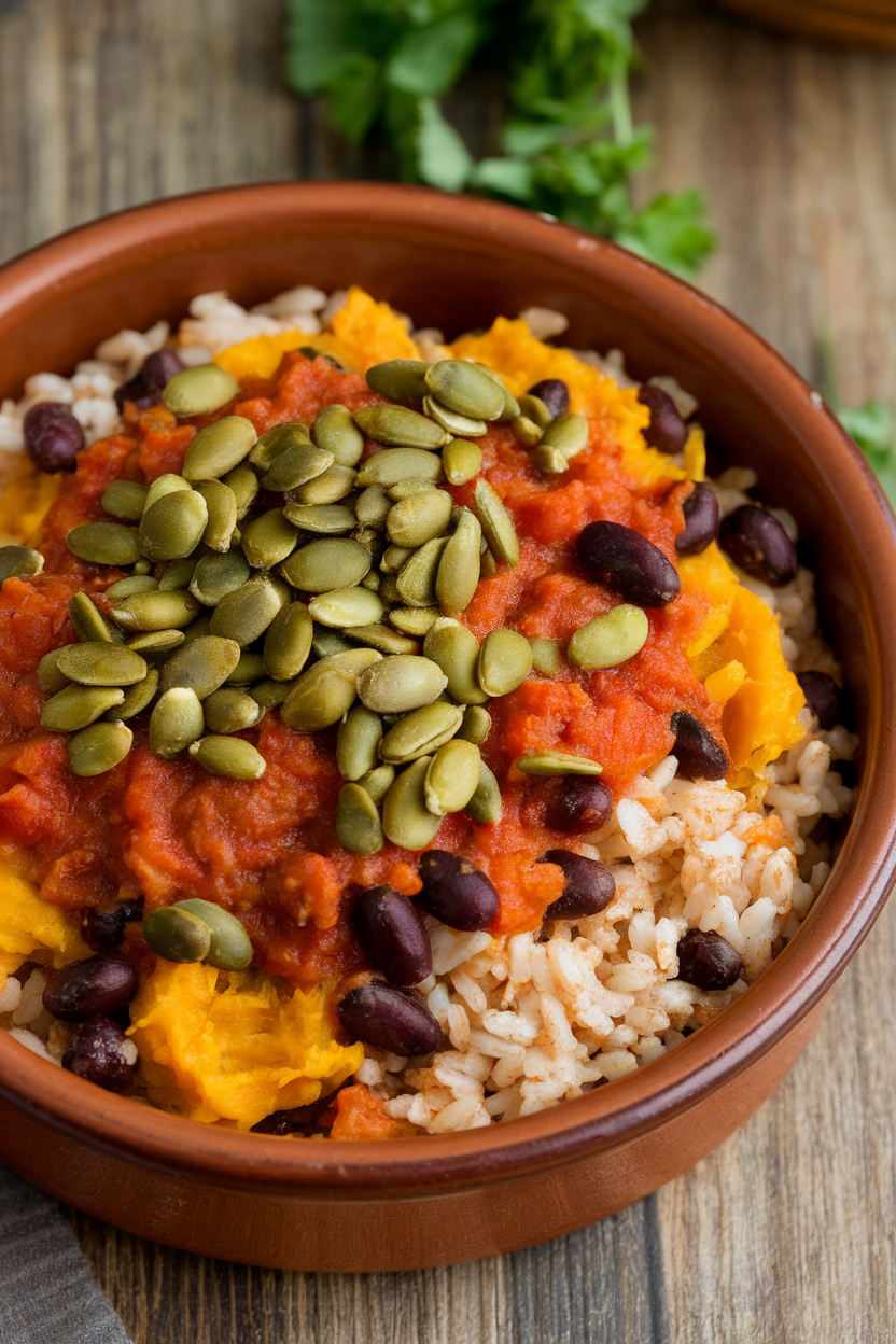 Photo of a rustic ceramic casserole filled with cooked brown rice, black beans, pumpkin purée, and cumin-spiced tomato sauce, topped with pepitas. No text or logos present.