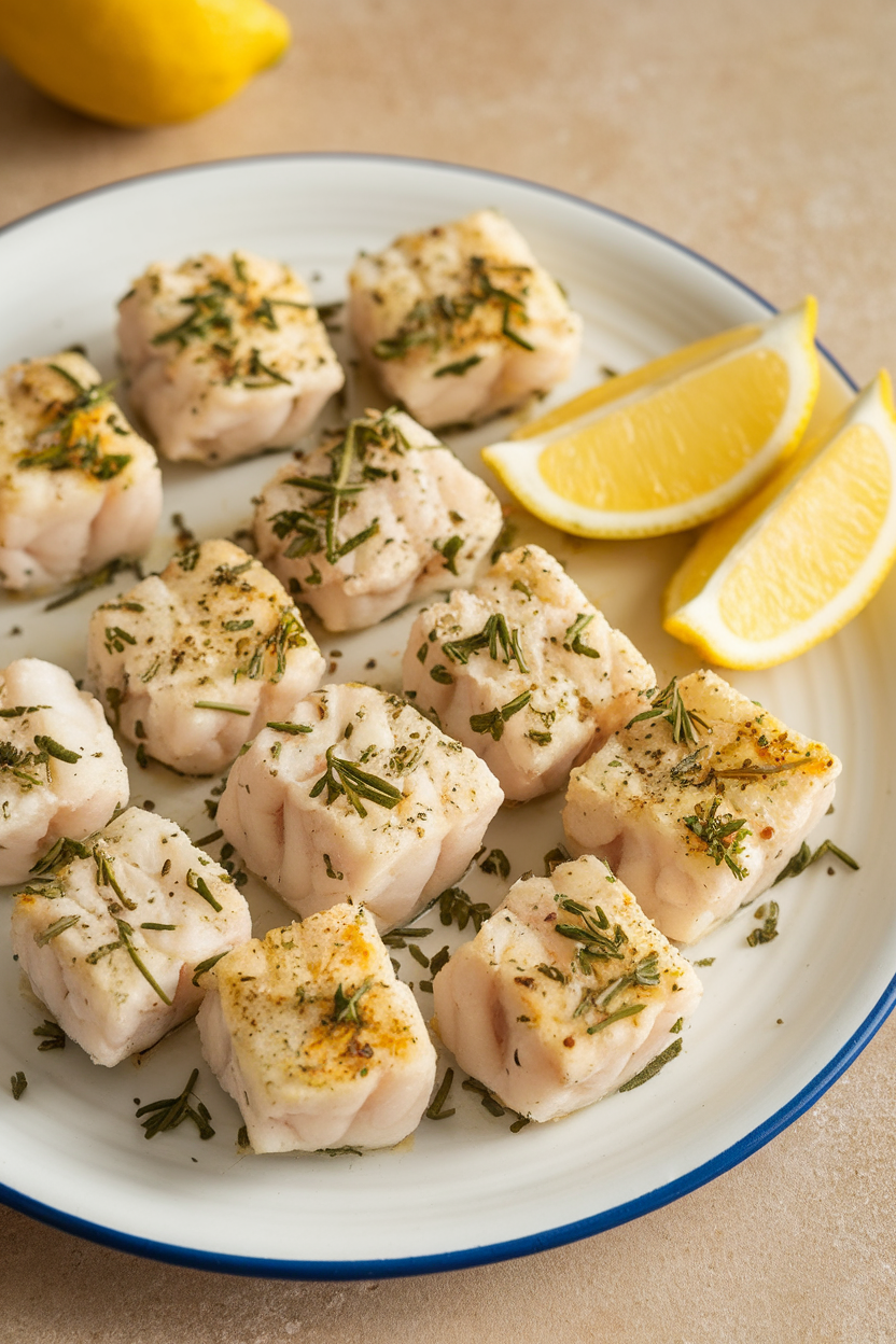 Indoor white platter of small baked cod nuggets seasoned with herbs, lemon wedges on the side. No text or logos.