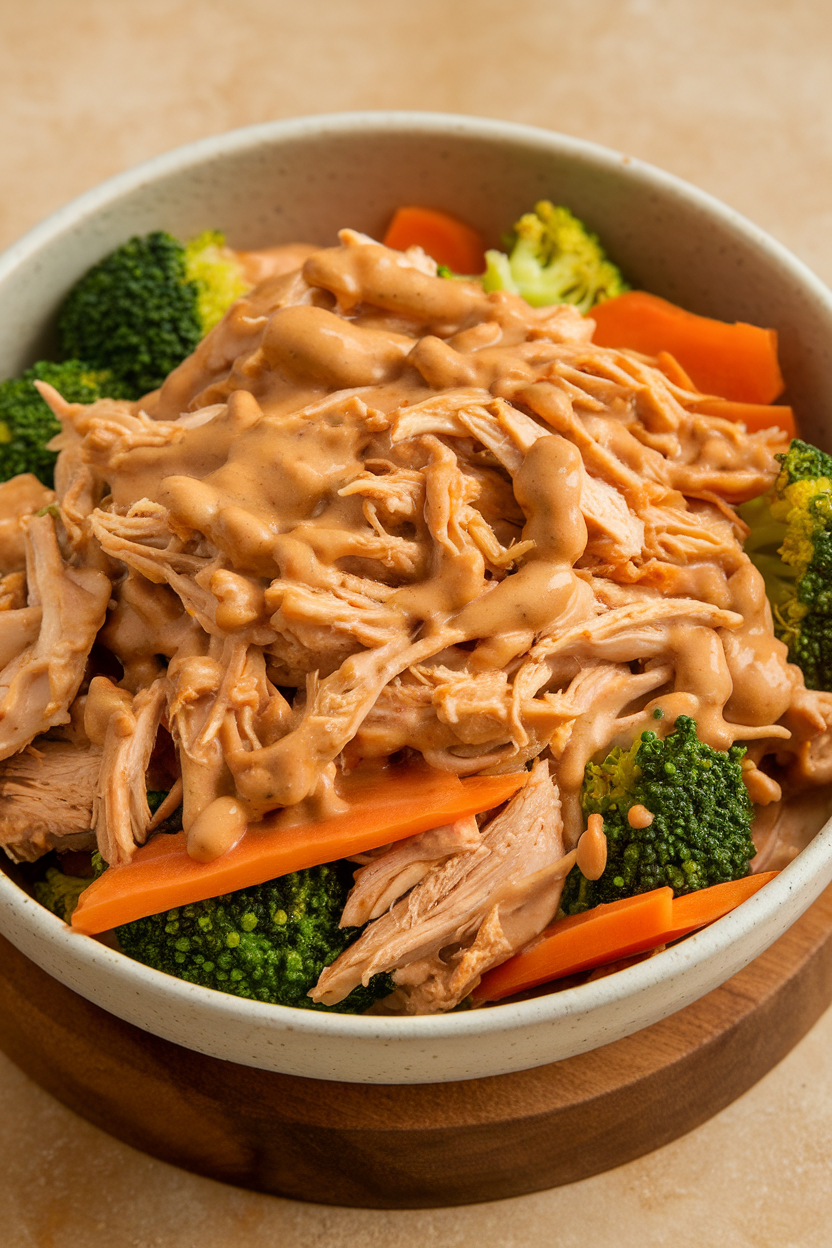 Indoor photo of shredded chicken coated in light peanut sauce with broccoli and carrots, served in a bowl, no text or logos.