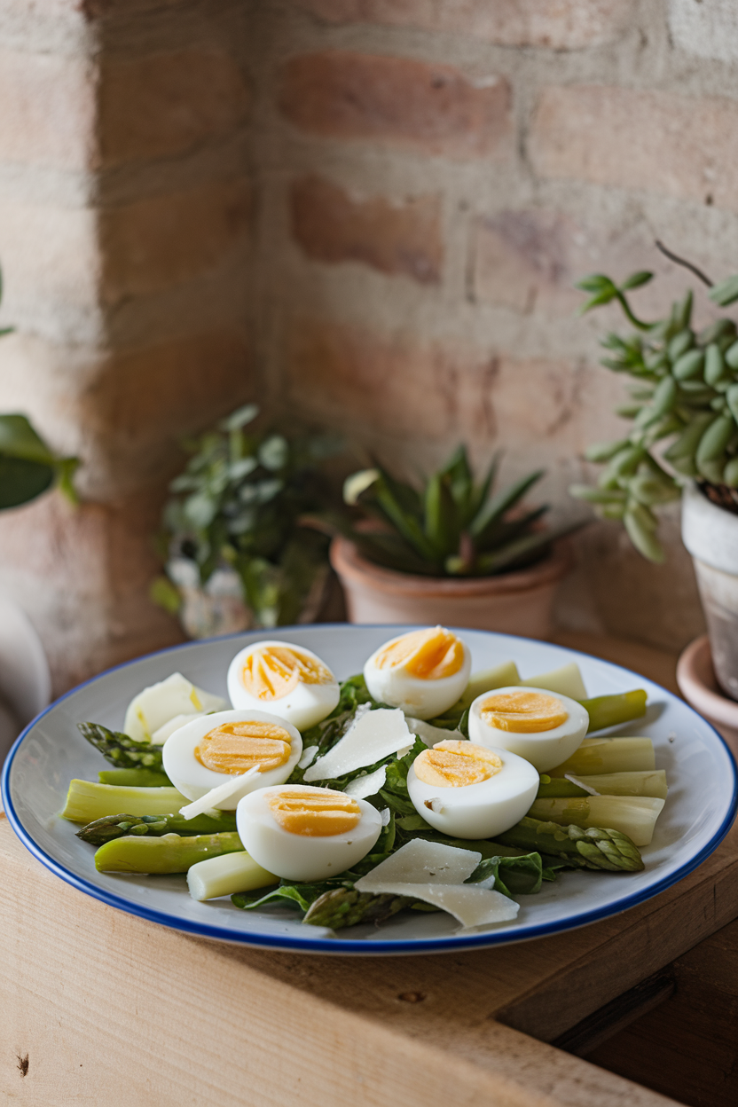 Indoor photo of quartered hard-boiled eggs atop blanched asparagus spears, baby greens, and shaved Parmesan. Soft daylight, no text or logos.