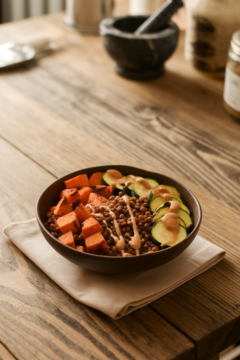 An indoor dining table bowl filled with lentils, roasted sweet potatoes, zucchini, and a drizzle of tahini. No text or logos.