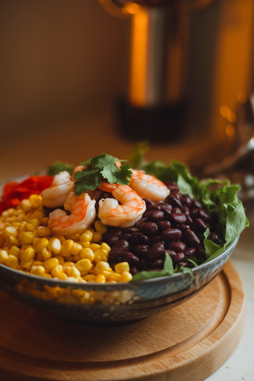 Indoor salad bowl photo of roasted corn, diced roasted poblano peppers, black beans, and cooked shrimp with cilantro; warm side lighting, no text or logos.