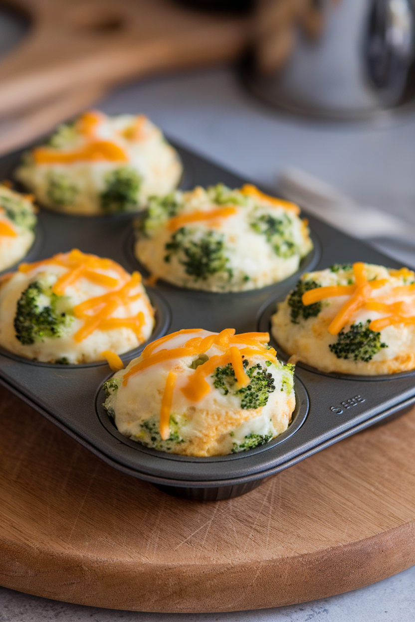 Indoor muffin pan filled with fluffy egg muffins studded with green broccoli and melted cheddar. No text or logos present.