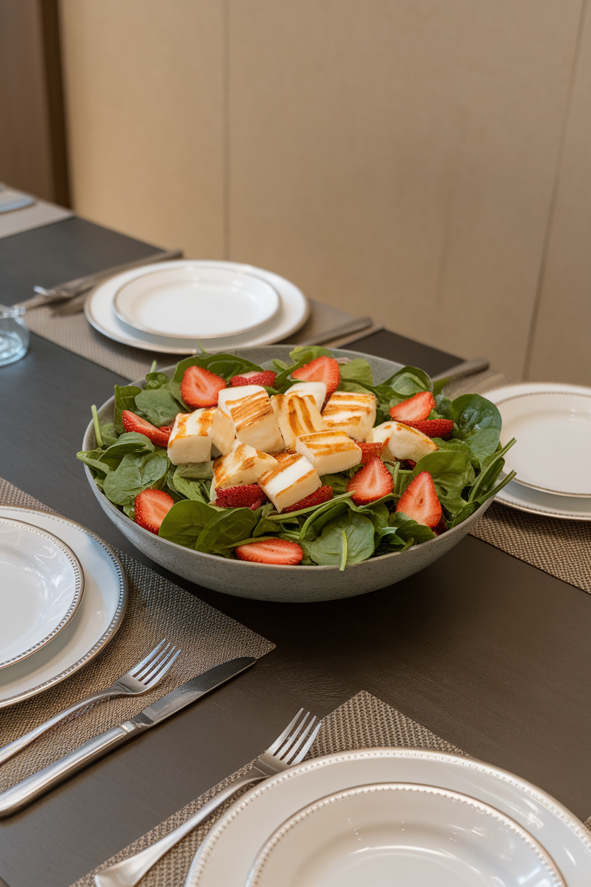 Indoor dining table featuring baby spinach leaves, sliced strawberries, and golden grilled halloumi cubes in a wide salad bowl. No text or logos; photo.