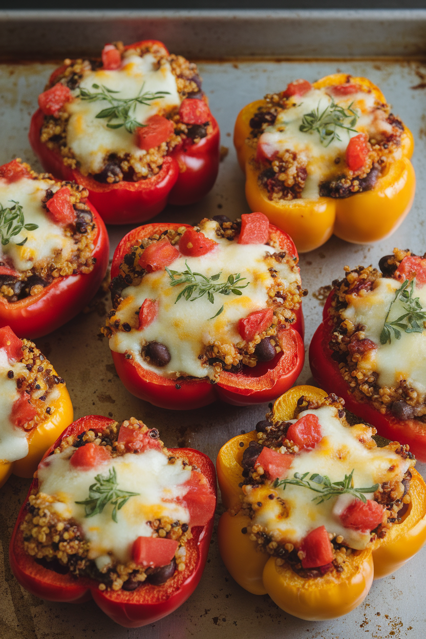 Photo of an indoor oven tray holding roasted red and yellow bell peppers stuffed with quinoa, black beans, and diced tomatoes, cheese lightly melted on top. No logos or text visible.
