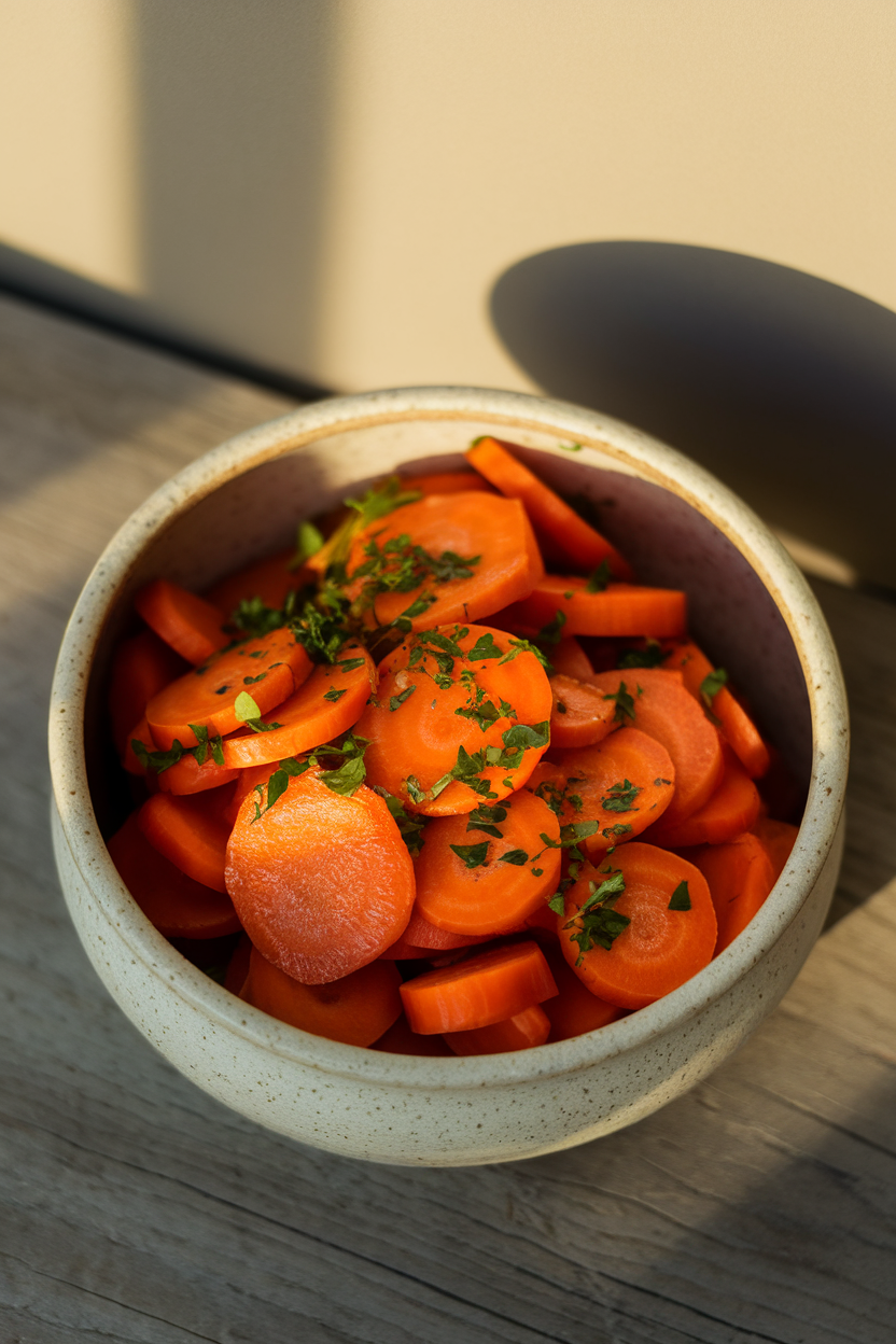 Indoor ceramic bowl of glossy orange carrot coins sprinkled with chopped parsley, gentle overhead light. No text or logos. Photo only.