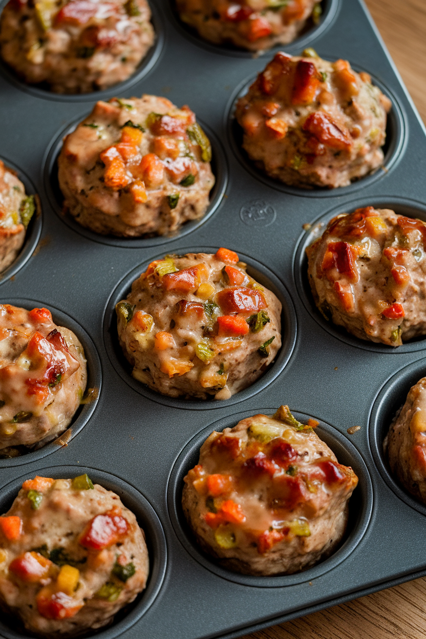 Indoor muffin tin holding mini meatloaves studded with diced veggies, glaze lightly caramelized—no text or logos.