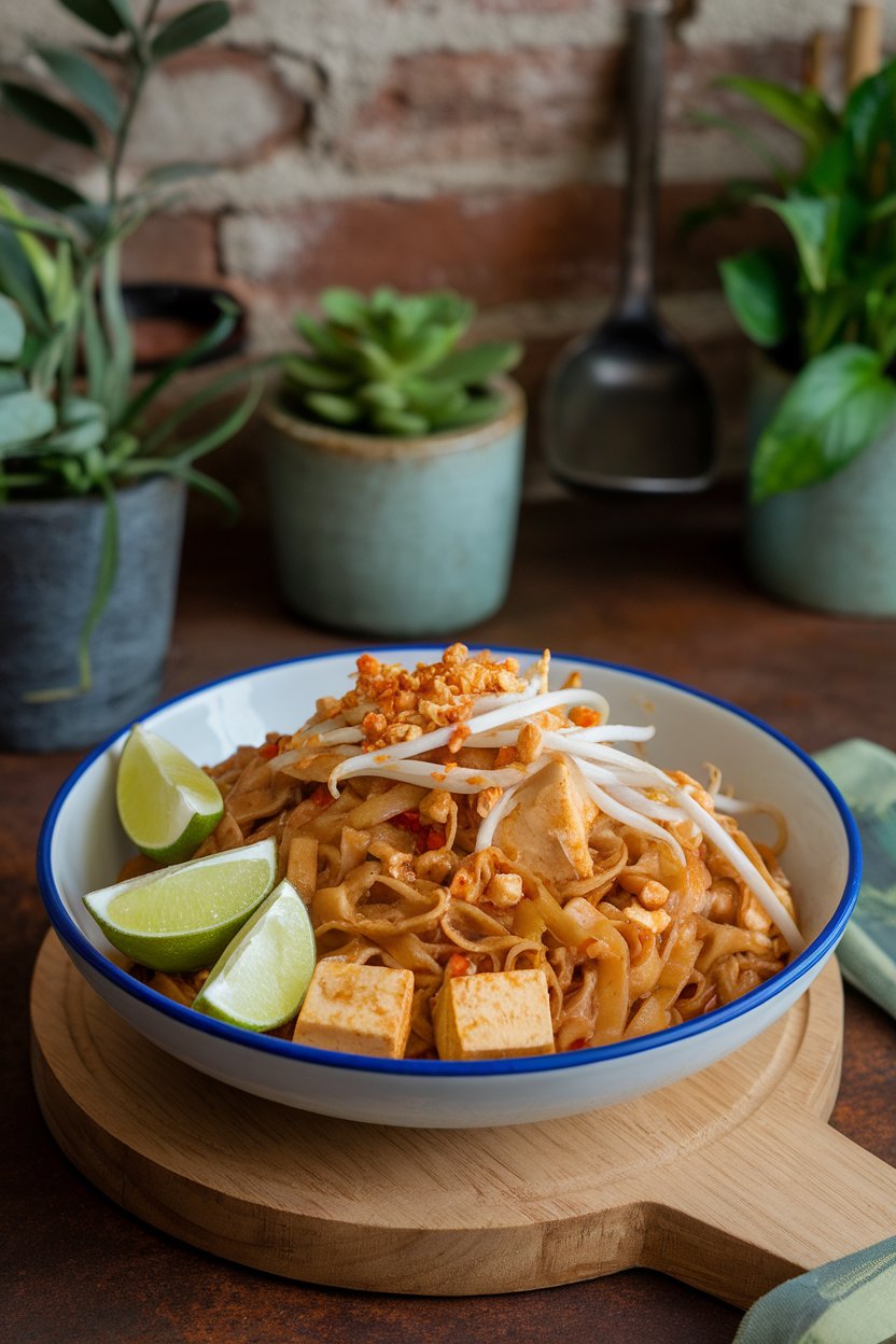 An indoor serving bowl with rice noodles tossed in pad Thai sauce, tofu cubes, bean sprouts, and crushed peanuts. No text or logos; photo only.