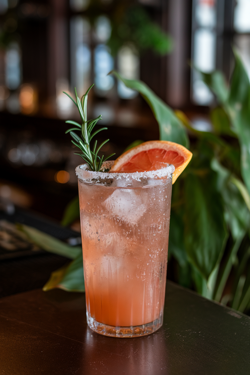 Indoor cocktail bar with a salt-rimmed highball of grapefruit cocktail, ice cubes, and a rosemary sprig; grapefruit wedge on the rim. No text or logos; photograph, not illustration.