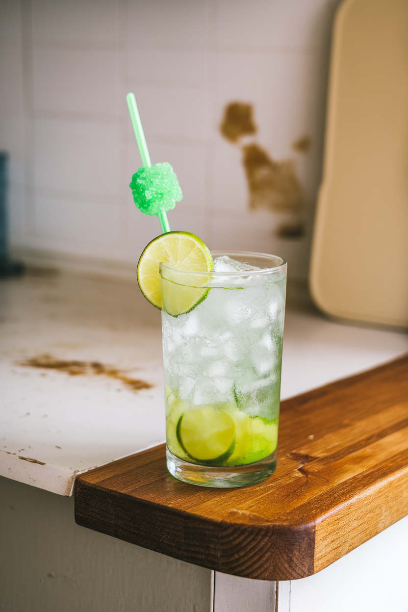 Indoor kitchen island featuring a clear highball glass of neon green limeade with crushed ice, lime wheel, and green rock candy stirrer. Photo, no text or logos.