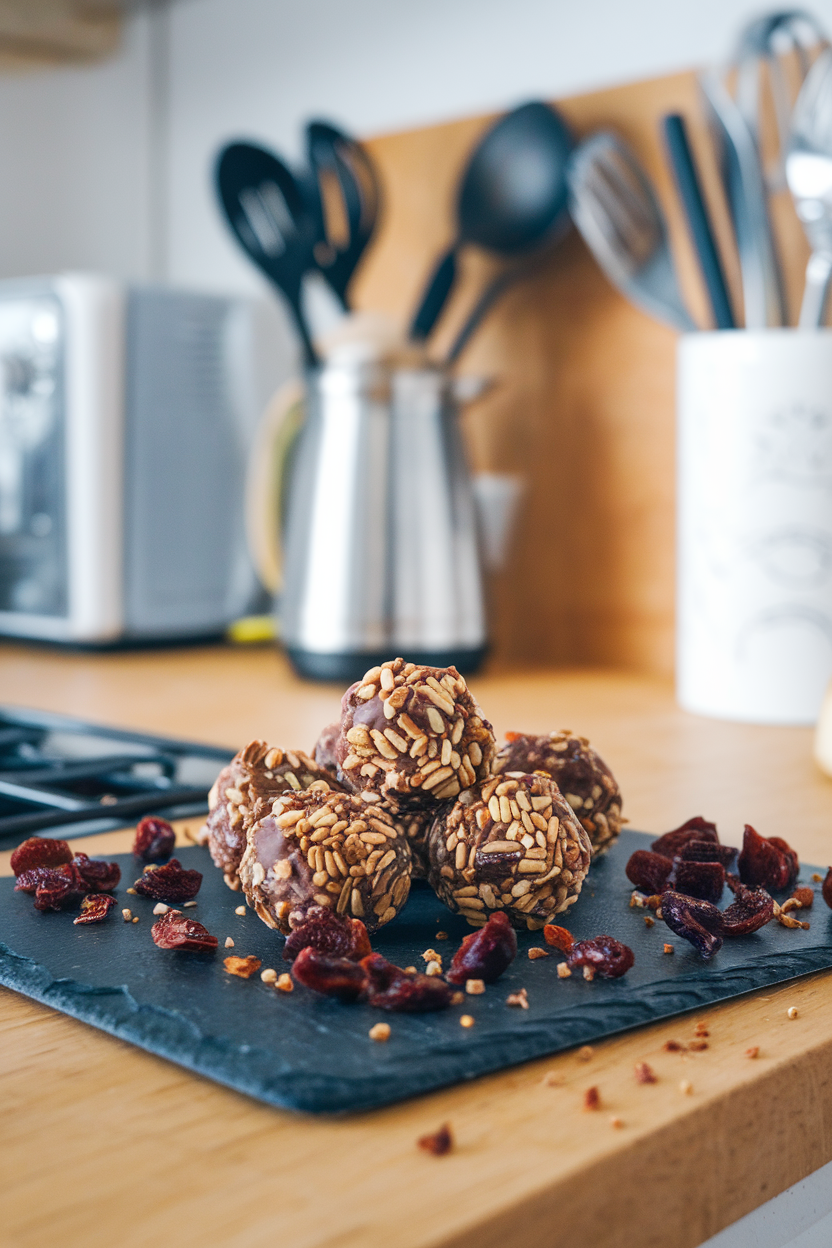 Photo of an indoor counter with chocolate cherry energy balls on a slate board, chopped dried cherries sprinkled around. No text or logos.