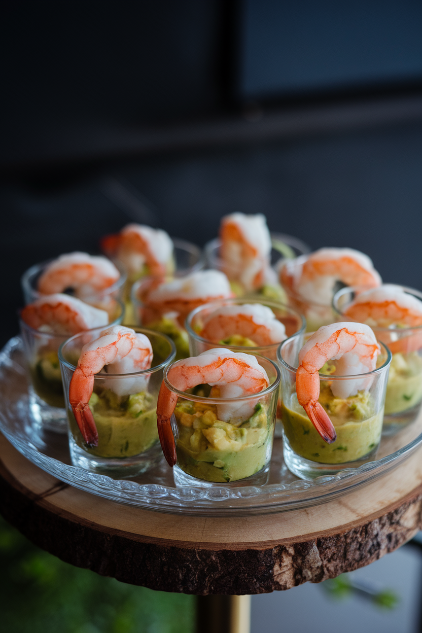 Indoor photo of small clear glasses each holding chilled cooked shrimp draped over the rim, with citrus avocado salsa in the bottom. Soft accent lighting, no logos or text.