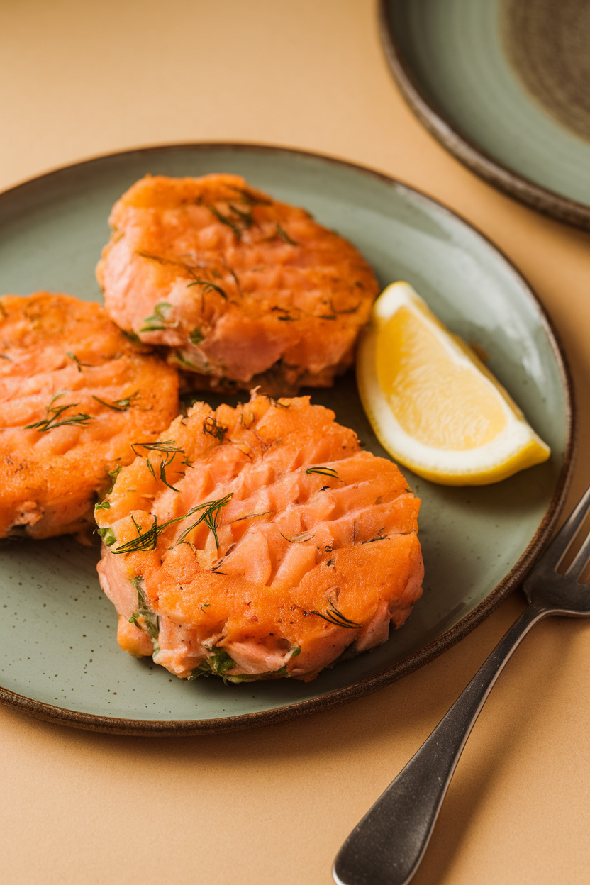 Indoor photo of golden salmon cakes with a lemon wedge on a plate; no text or logos