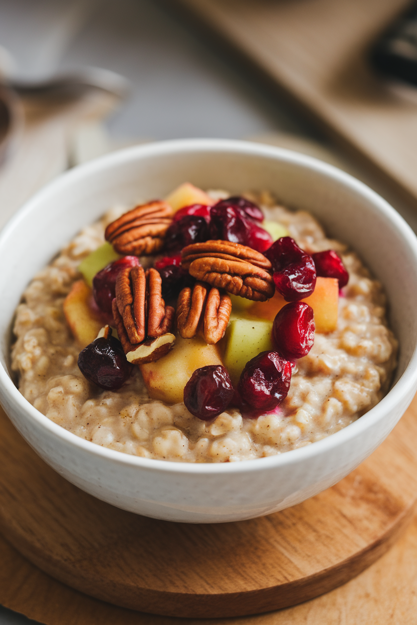 An indoor bowl of steel-cut oatmeal topped with jewel-toned cranberry apple compote and toasted pecans, no text or logos.