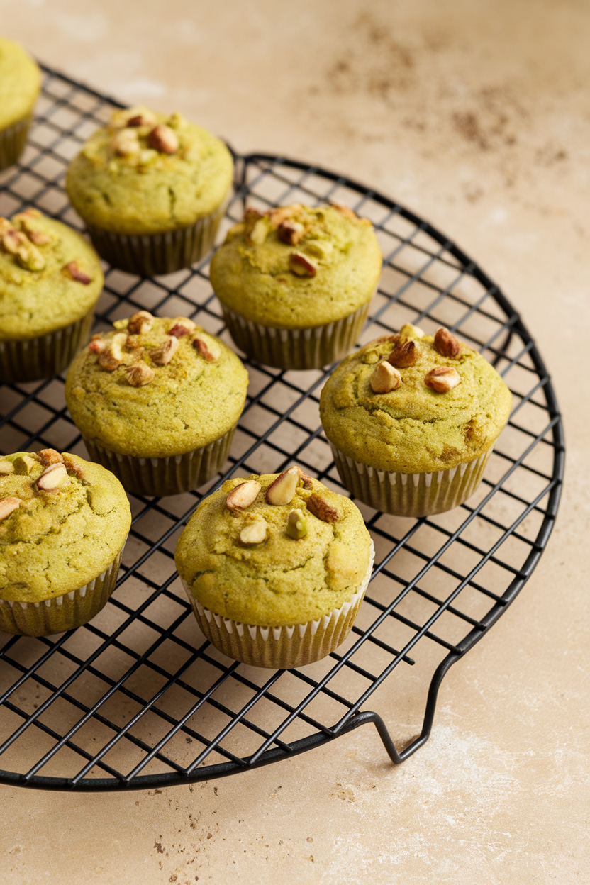An indoor cooling rack holding golden pistachio muffins sprinkled with chopped nuts, subtle green hue visible. No text or logos. Photo, not illustration.