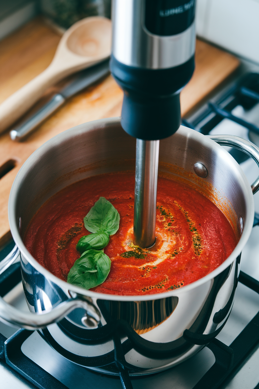 Indoor stovetop scene of an immersion blender puréeing tomato soup directly in a pot, no branding visible.