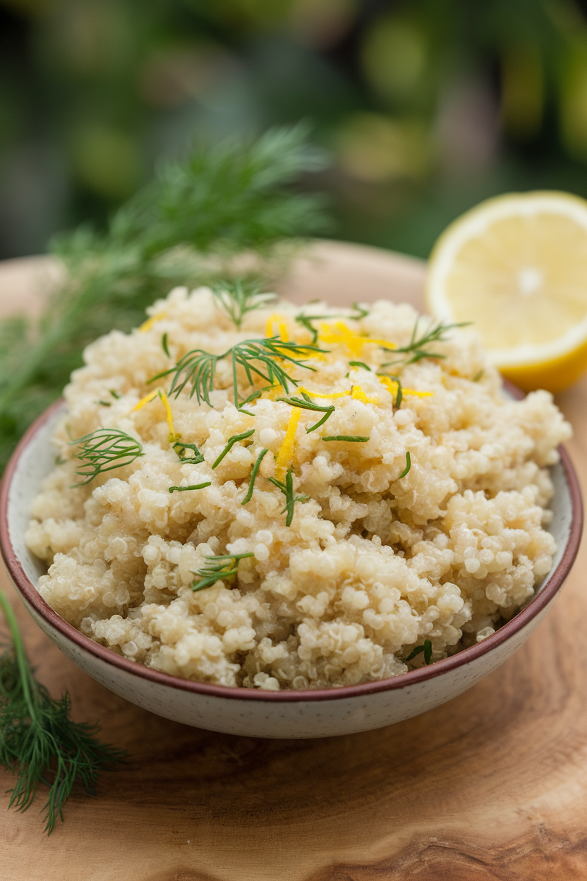 An indoor serving bowl of fluffy quinoa flecked with chopped dill and lemon zest. No text or logos. Photo only.