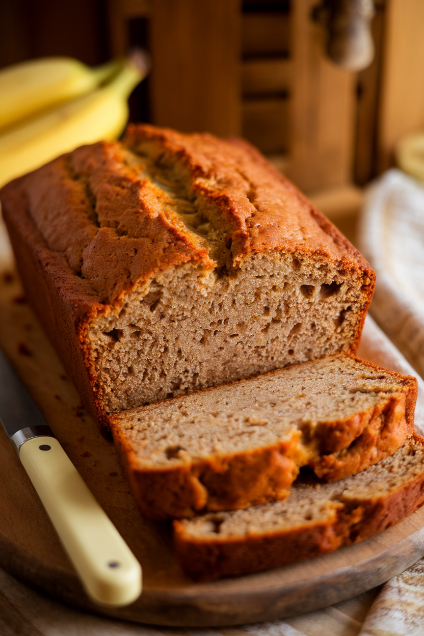 Indoor loaf of banana bread sliced to reveal moist interior, butter knife beside it, warm lighting and no logos.