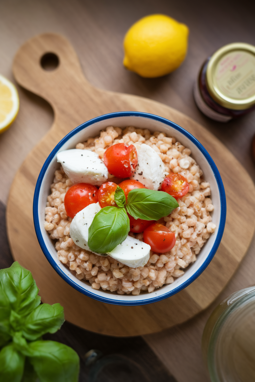 Indoor bowl of fluffy millet topped with cherry tomatoes, fresh mozzarella, and basil leaves, shot from above. No text or logos.