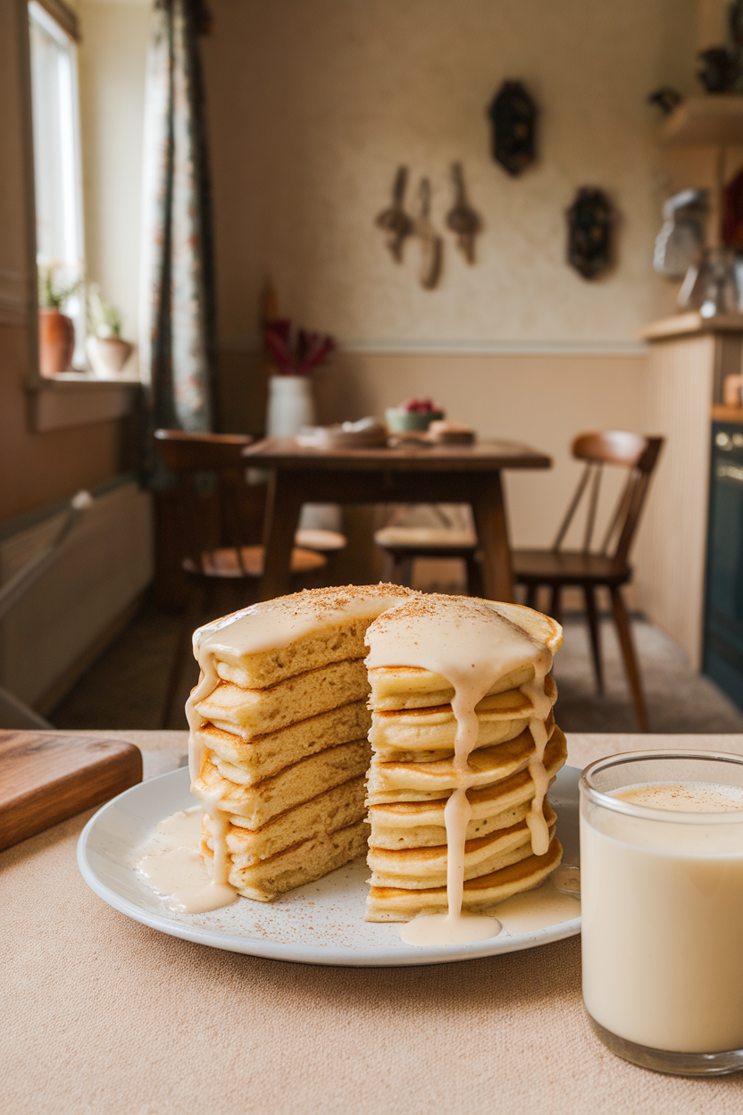 Indoor photo of fluffy golden pancakes drizzled with eggnog glaze and sprinkled with freshly grated nutmeg; cozy kitchen backdrop; no text or logos.