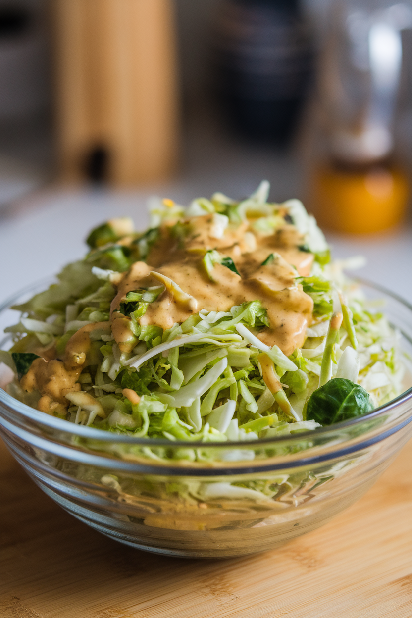 A bowl of shredded raw Brussels sprouts slaw with visible maple-Dijon dressing, indoors. No text or logos.