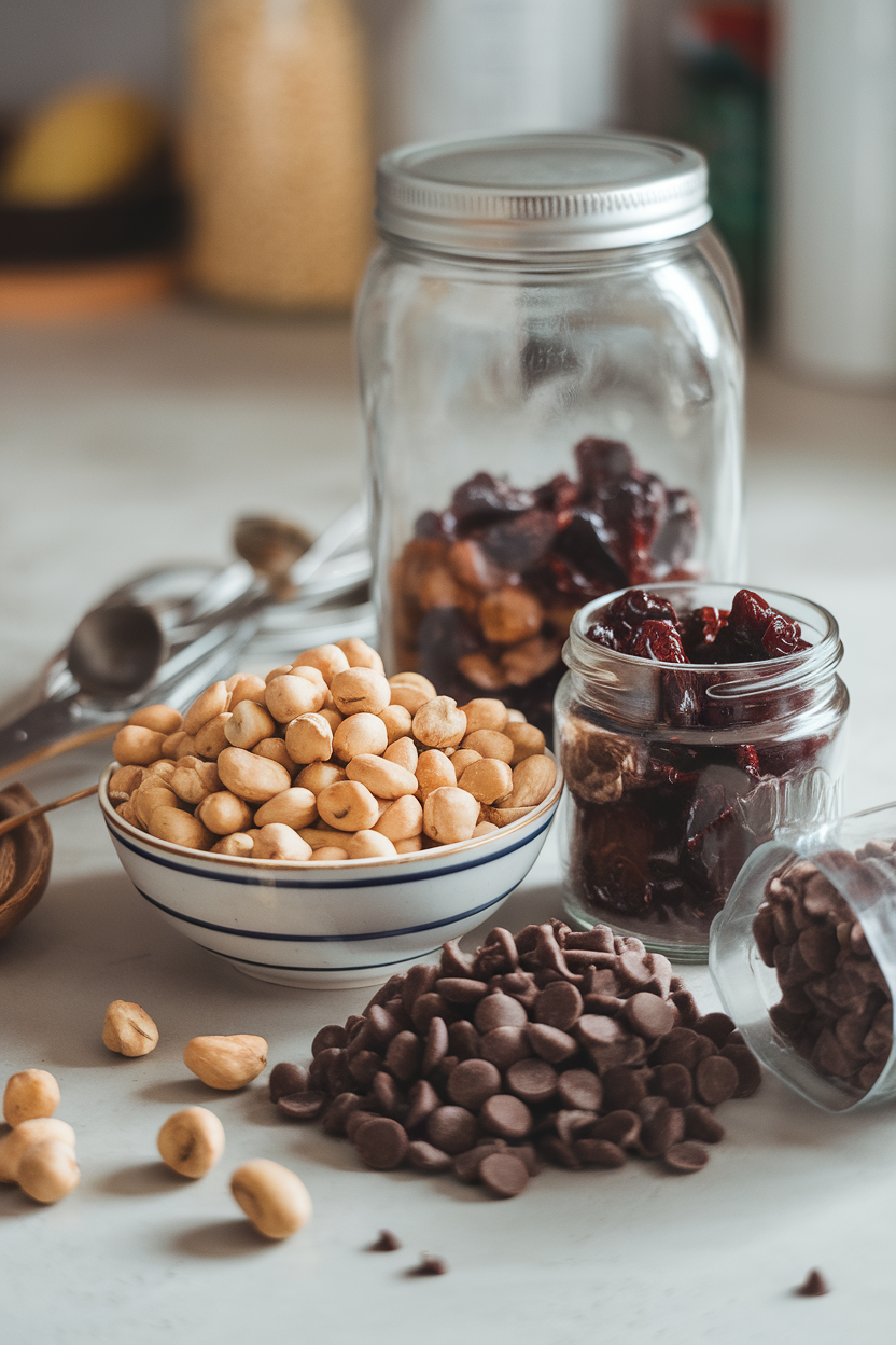 A kitchen counter with piles of unsalted nuts, dried cherries, and dark-chocolate chips ready to be mixed into a jar. No text or logos. Photo.