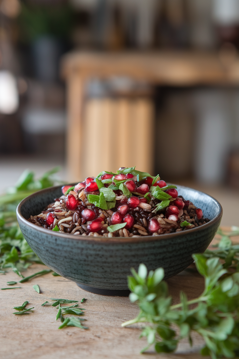 A bowl of black wild rice dotted with ruby pomegranate seeds and chopped herbs, indoors. No text or logos.
