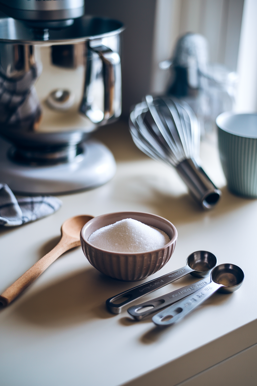 Indoor baking scene with a small bowl of granulated sugar beside measuring spoons, softly lit—photo.