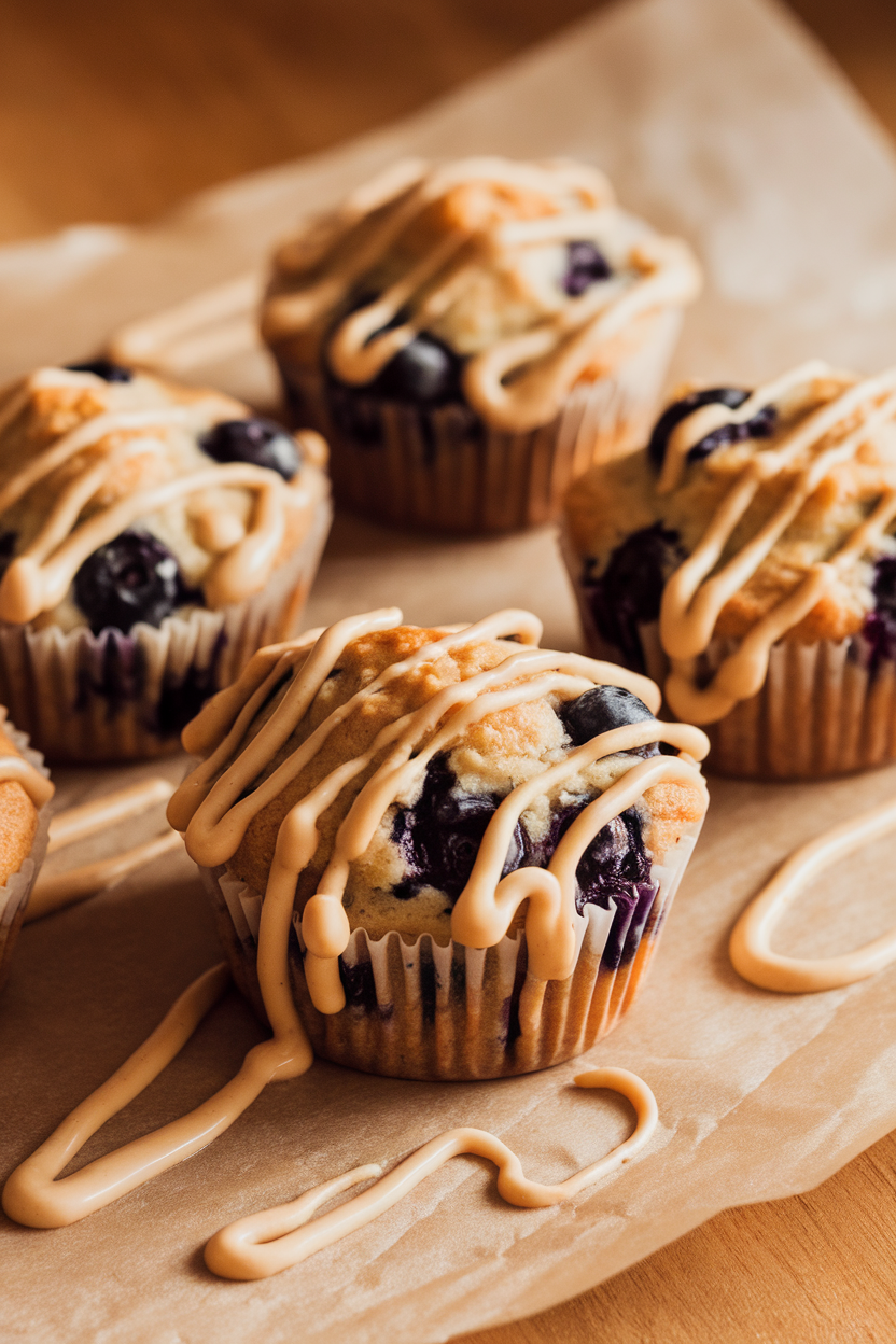Indoor photo of blueberry muffins topped with almond butter drizzle on parchment paper, no text or logos