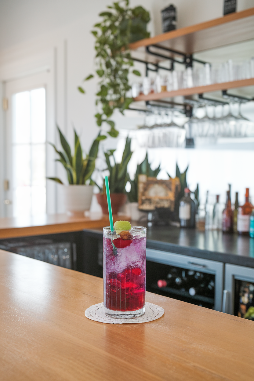 Indoor home bar with a tall clear glass of vibrant purple grape soda over ice, green straw, and a few frozen grapes floating. Photo, no text or logos.