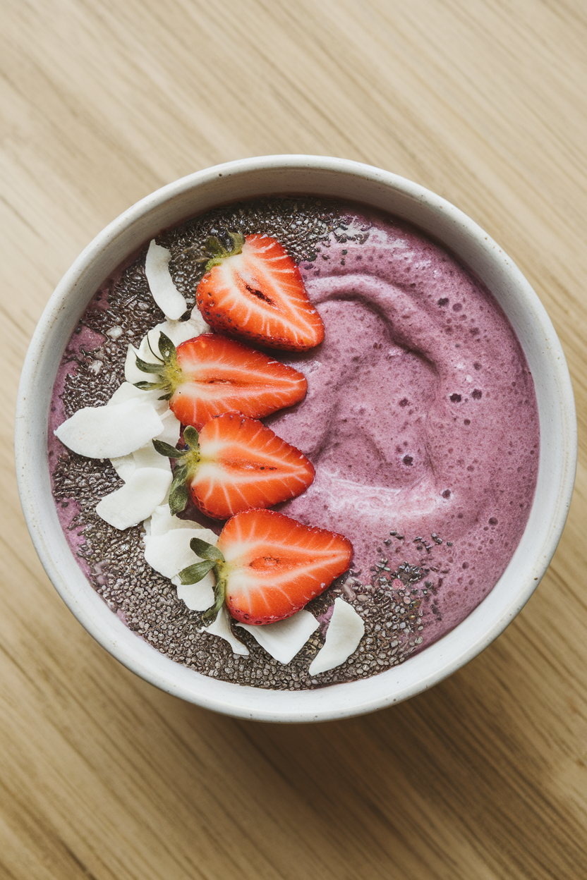 An indoor breakfast bowl of thick purple smoothie topped with sliced strawberries, chia seeds, and coconut flakes. No text or logos. Photo only.