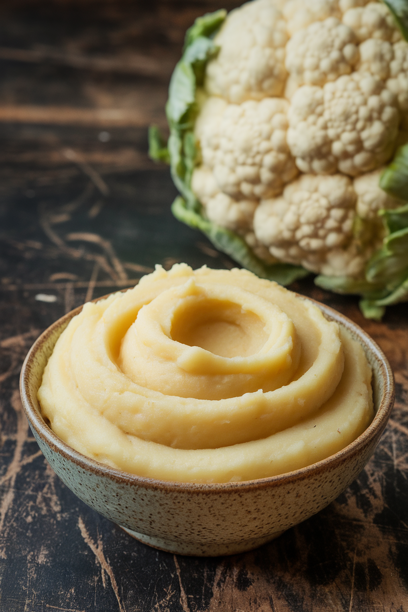 Indoor photo of a bowl of creamy mashed potatoes with a hidden cauliflower head in the background, no text or logos