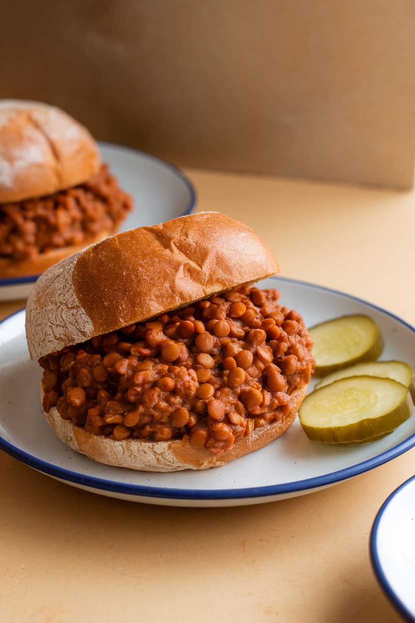 Photo of saucy lentil sloppy joes piled on whole-grain buns with pickle slices nearby, indoor setting, no text or logos