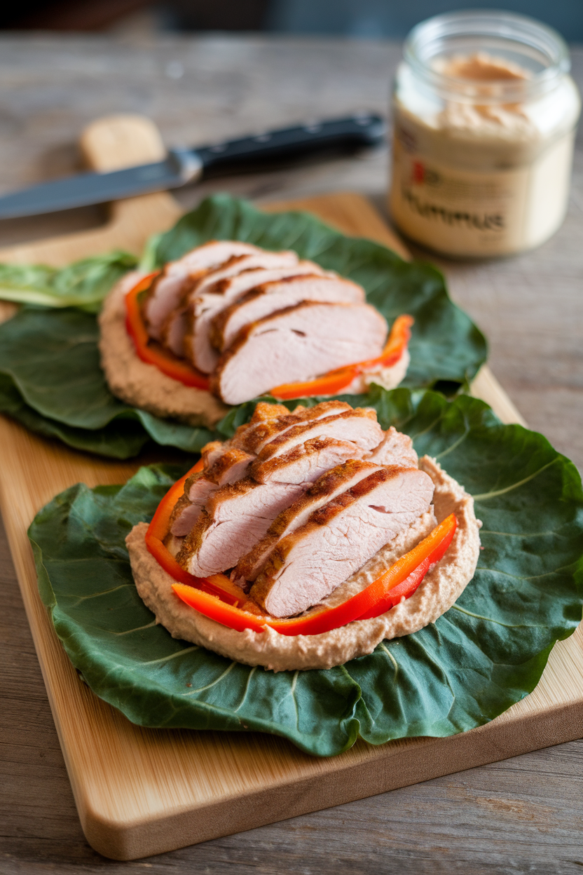 Indoor cutting board holding large collard leaves wrapped around sliced turkey, hummus, and bell pepper strips, no text or logos